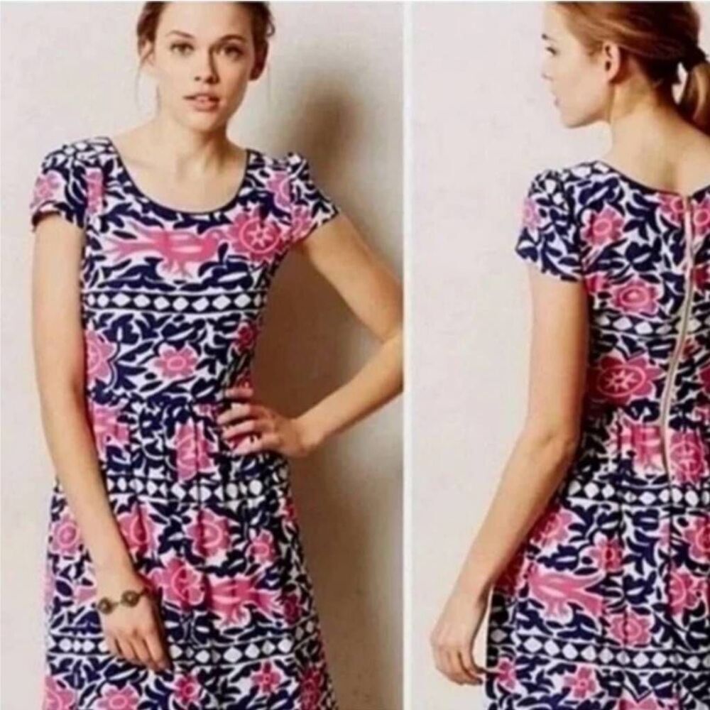 Anthropologie Maeve Perleta Dress Pink Blue Bird Floral Print size 10 Pockets Li